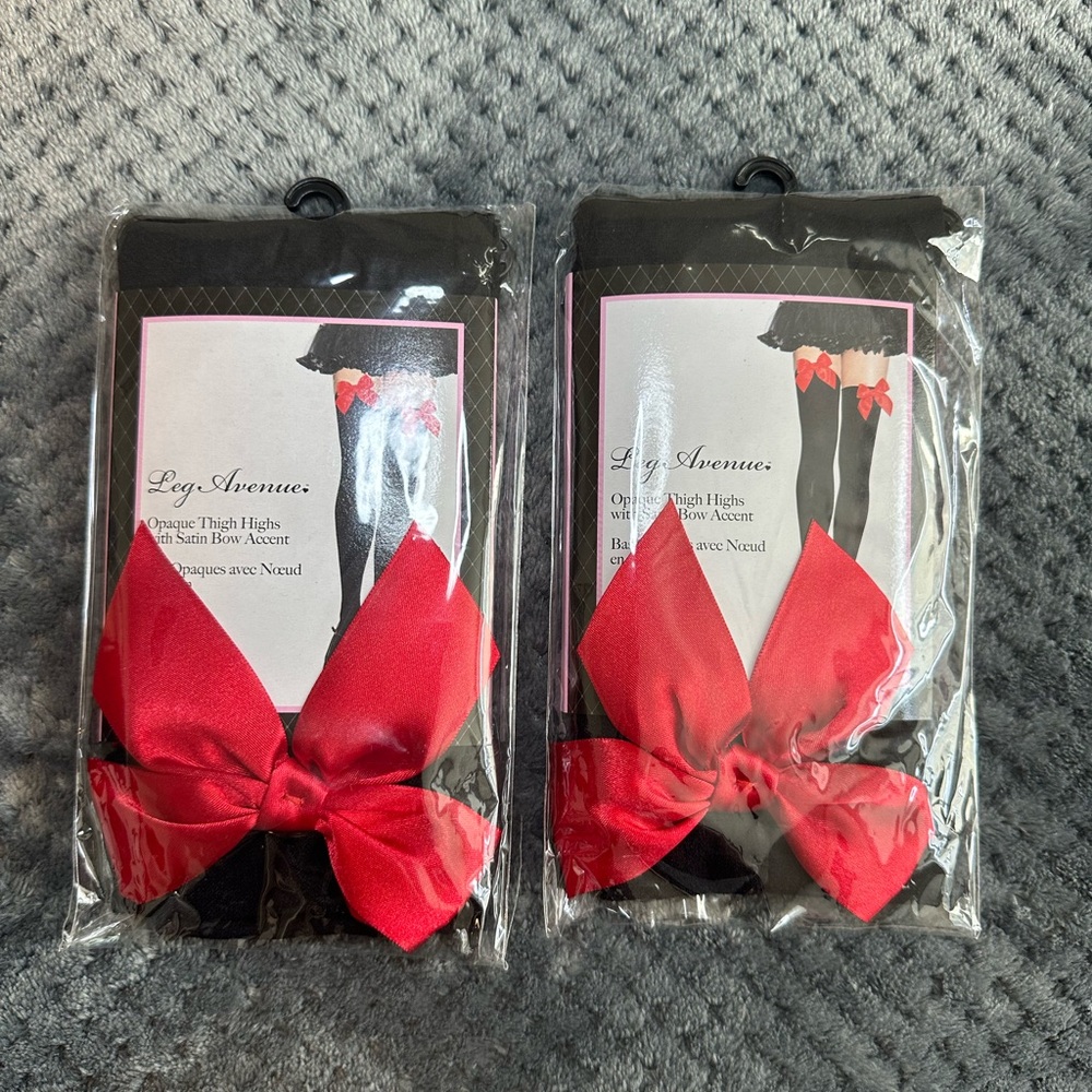 NWT! Leg Avenue set of 2 black thigh high stockings with red bow